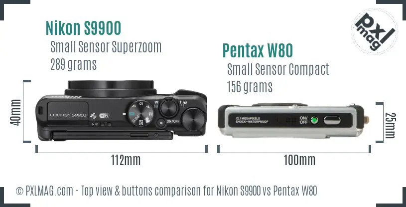 Nikon S9900 vs Pentax W80 top view buttons comparison