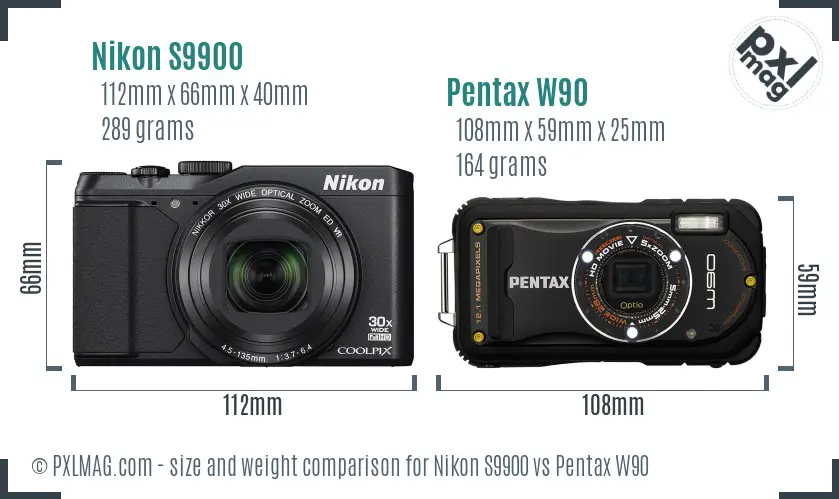 Nikon S9900 vs Pentax W90 size comparison