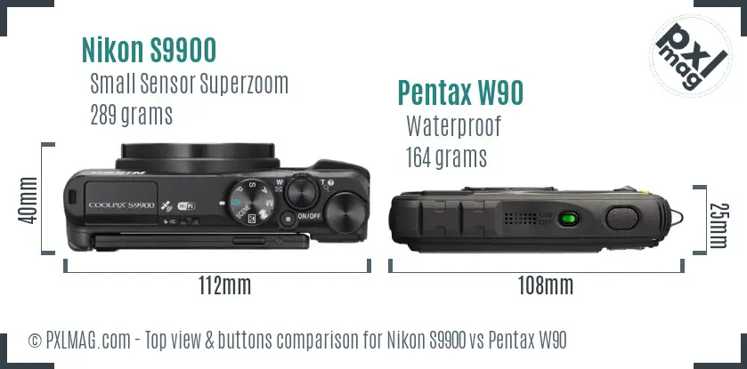 Nikon S9900 vs Pentax W90 top view buttons comparison