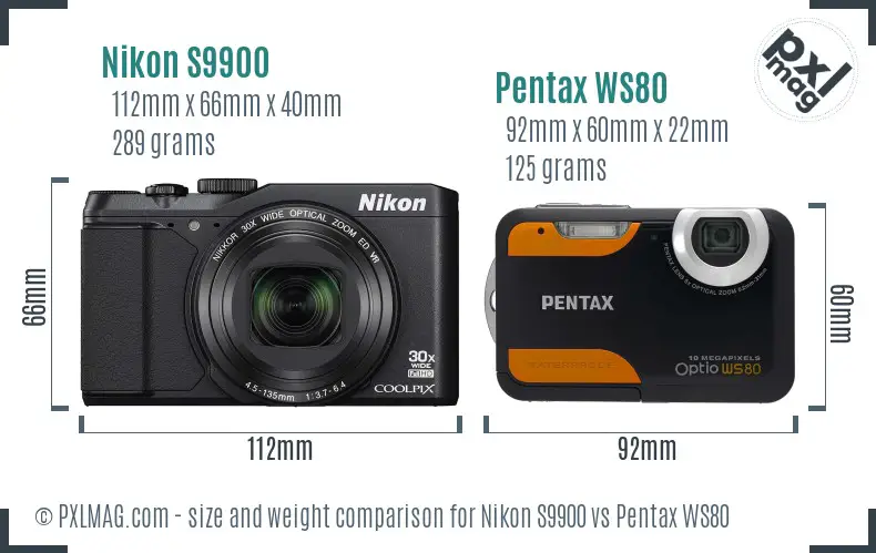 Nikon S9900 vs Pentax WS80 size comparison