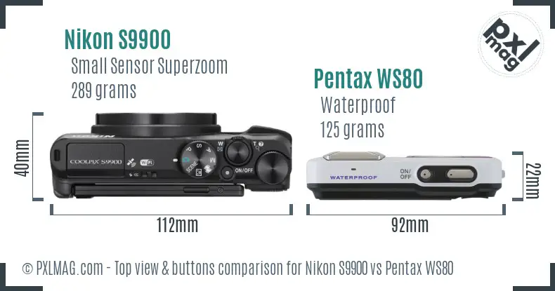 Nikon S9900 vs Pentax WS80 top view buttons comparison