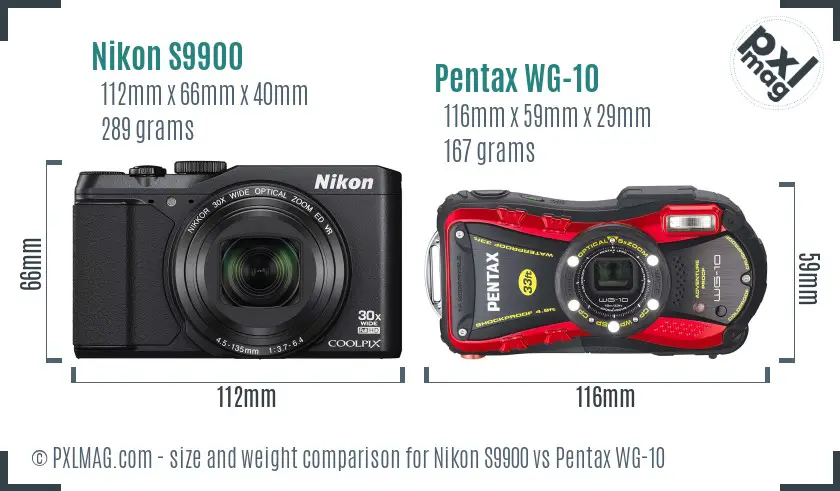 Nikon S9900 vs Pentax WG-10 size comparison
