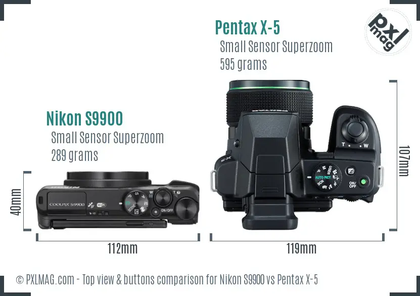 Nikon S9900 vs Pentax X-5 top view buttons comparison Nikon S9900 vs Pentax X-5 top view buttons comparison
