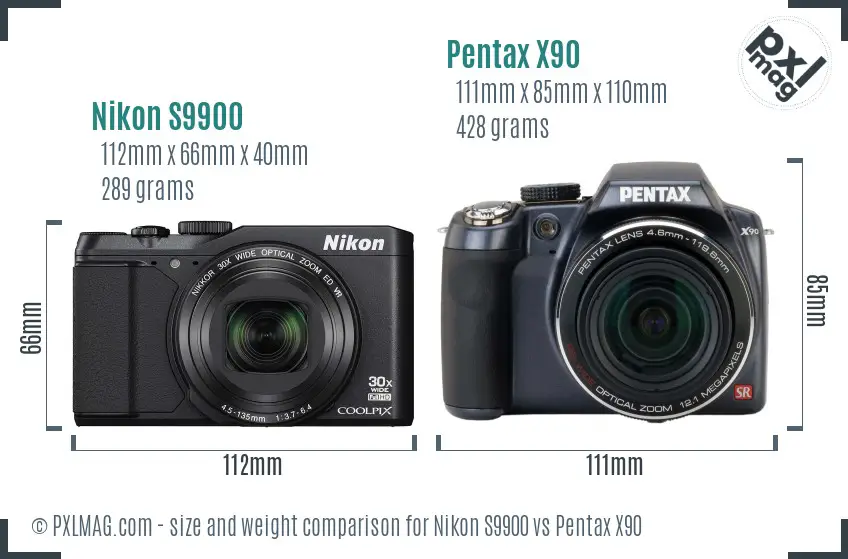 Nikon S9900 vs Pentax X90 size comparison