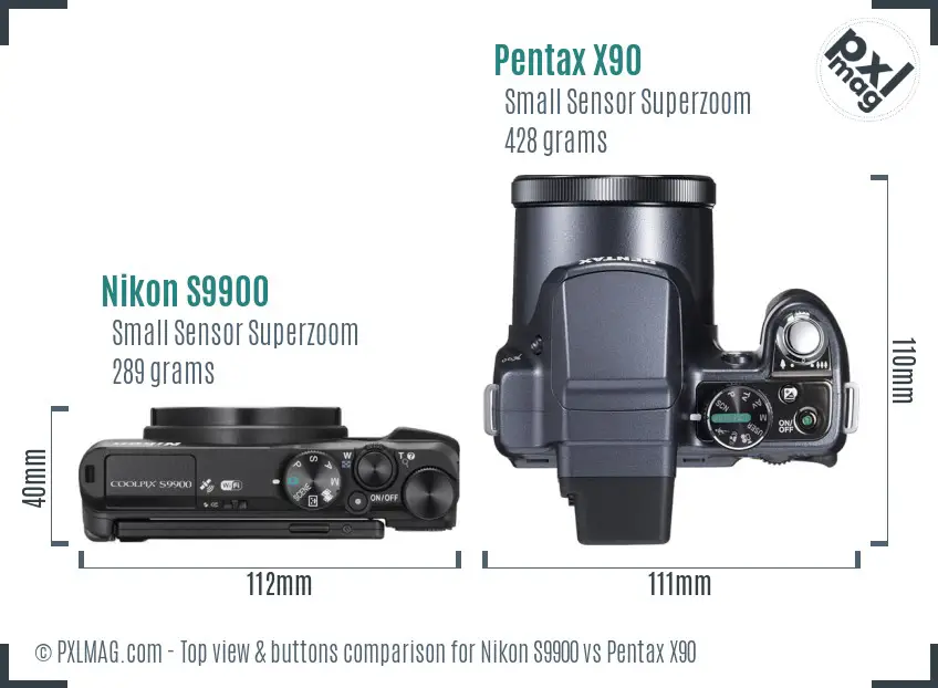 Nikon S9900 vs Pentax X90 top view buttons comparison