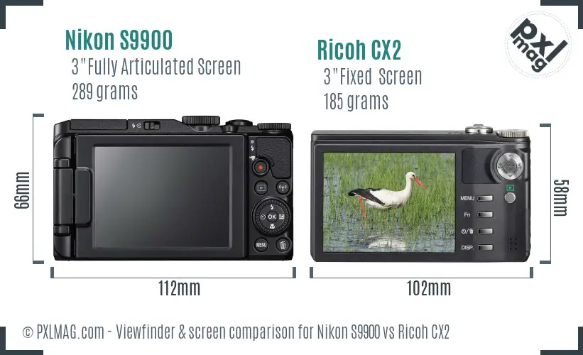 Nikon S9900 vs Ricoh CX2 Screen and Viewfinder comparison