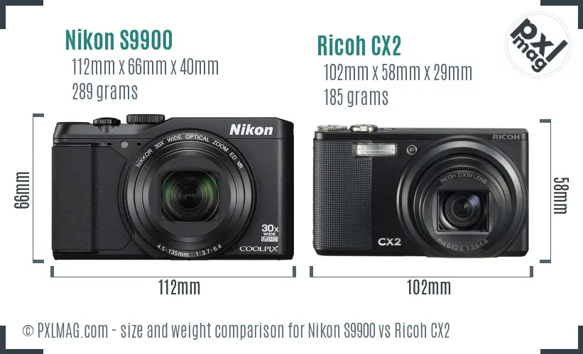 Nikon S9900 vs Ricoh CX2 size comparison