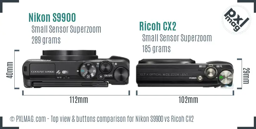 Nikon S9900 vs Ricoh CX2 top view buttons comparison