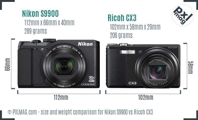 Nikon S9900 vs Ricoh CX3 size comparison