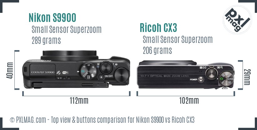 Nikon S9900 vs Ricoh CX3 top view buttons comparison