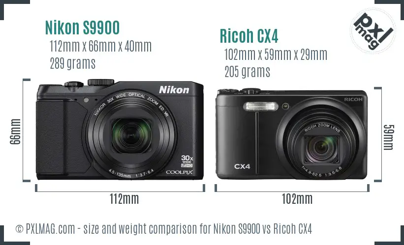 Nikon S9900 vs Ricoh CX4 size comparison