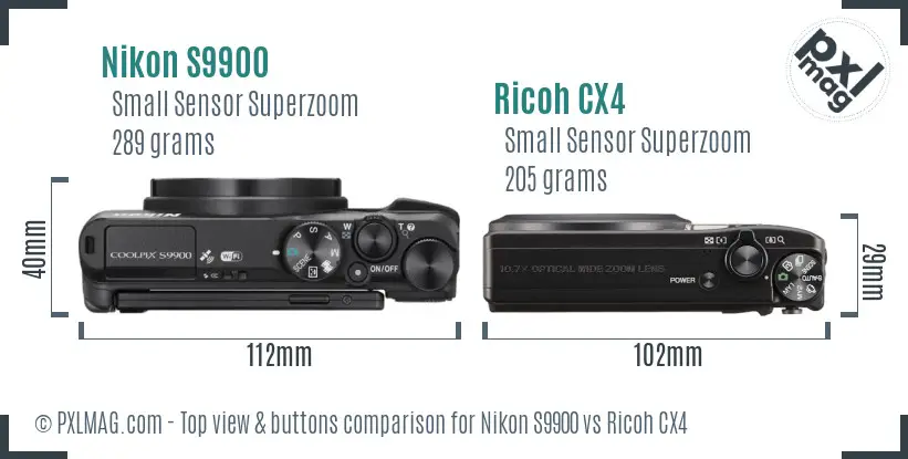 Nikon S9900 vs Ricoh CX4 top view buttons comparison