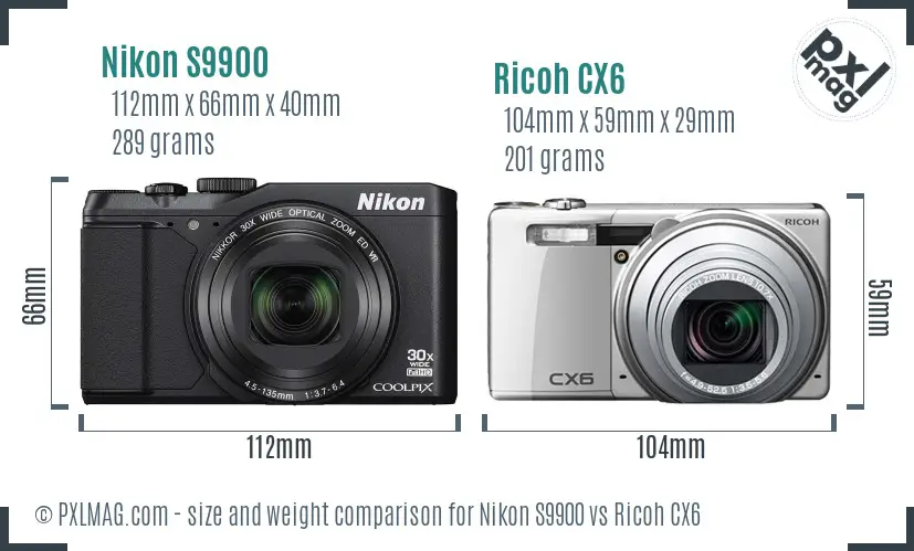 Nikon S9900 vs Ricoh CX6 size comparison