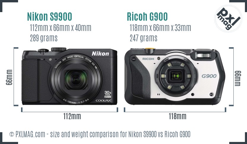 Nikon S9900 vs Ricoh G900 size comparison