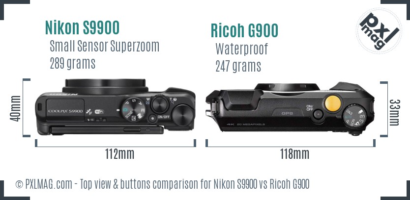 Nikon S9900 vs Ricoh G900 top view buttons comparison