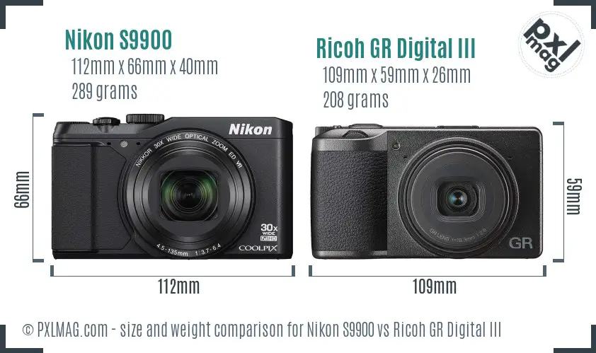 Nikon S9900 vs Ricoh GR Digital III size comparison