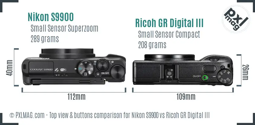 Nikon S9900 vs Ricoh GR Digital III top view buttons comparison