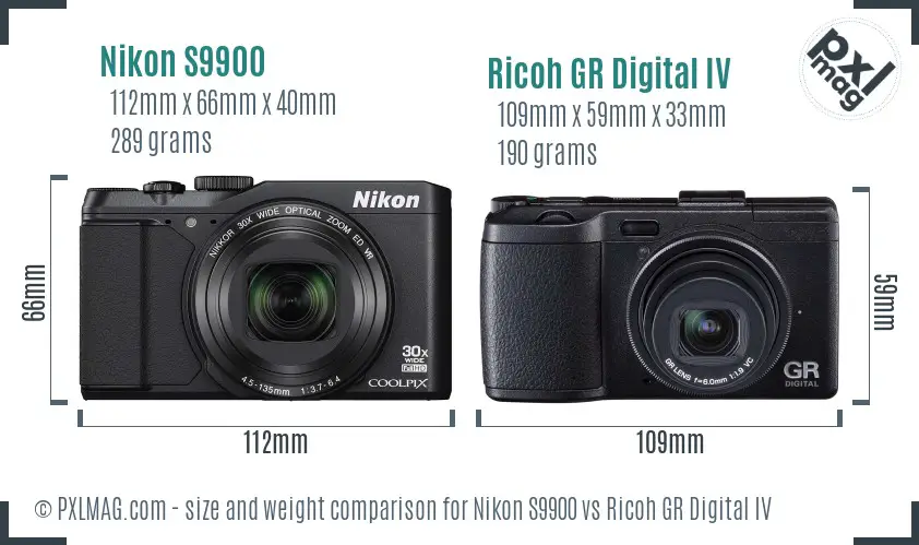 Nikon S9900 vs Ricoh GR Digital IV size comparison Nikon S9900 vs Ricoh GR Digital IV size comparison