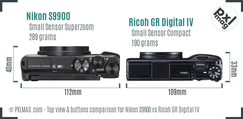 Nikon S9900 vs Ricoh GR Digital IV top view buttons comparison Nikon S9900 vs Ricoh GR Digital IV top view buttons comparison