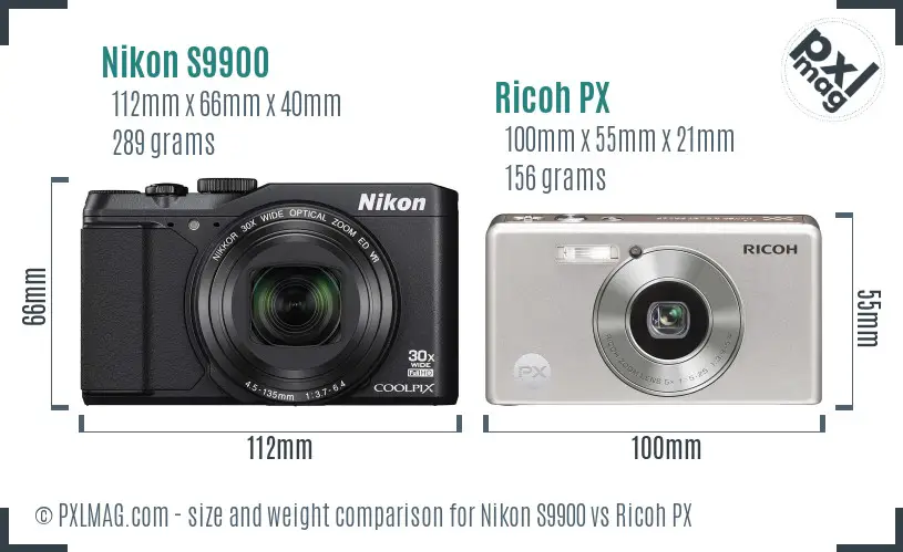 Nikon S9900 vs Ricoh PX size comparison