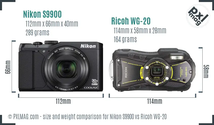 Nikon S9900 vs Ricoh WG-20 size comparison