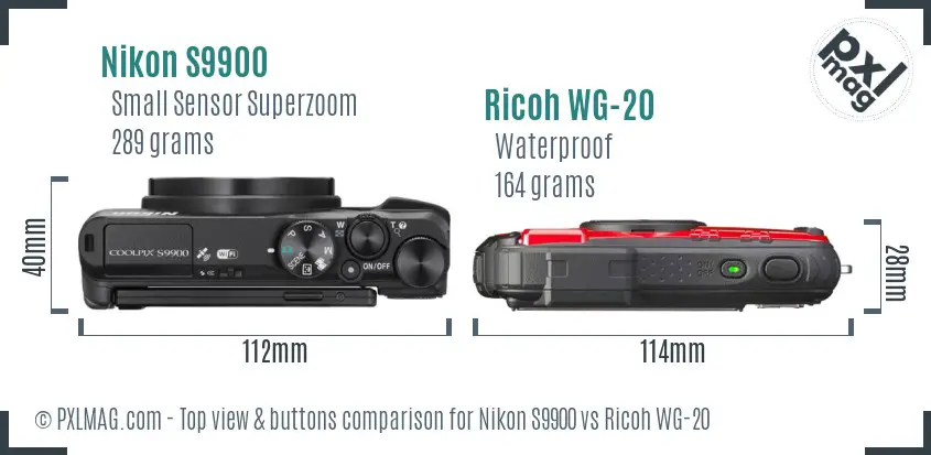 Nikon S9900 vs Ricoh WG-20 top view buttons comparison