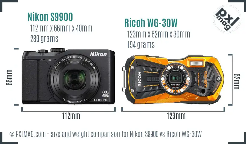 Nikon S9900 vs Ricoh WG-30W size comparison