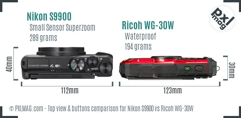 Nikon S9900 vs Ricoh WG-30W top view buttons comparison