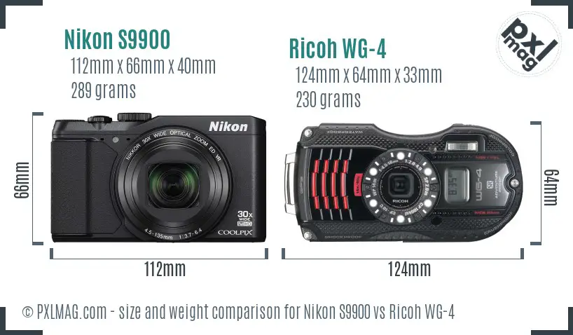 Nikon S9900 vs Ricoh WG-4 size comparison