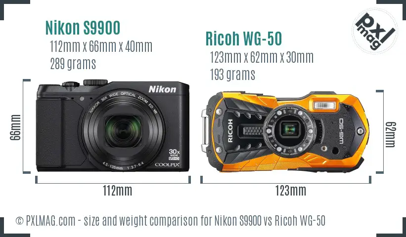 Nikon S9900 vs Ricoh WG-50 size comparison Nikon S9900 vs Ricoh WG-50 size comparison