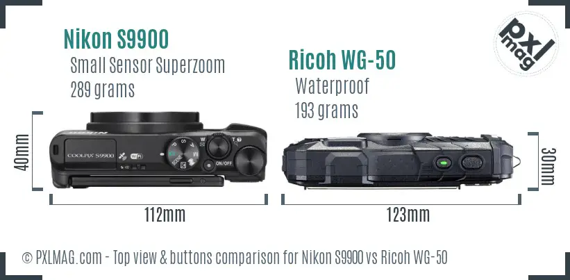 Nikon S9900 vs Ricoh WG-50 top view buttons comparison
