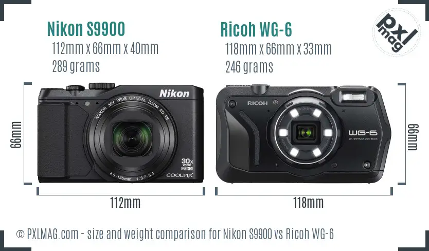 Nikon S9900 vs Ricoh WG-6 size comparison