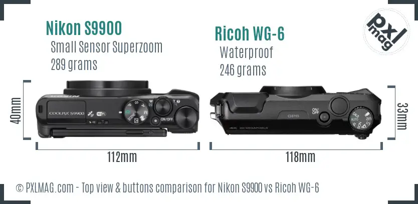 Nikon S9900 vs Ricoh WG-6 top view buttons comparison