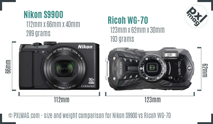 Nikon S9900 vs Ricoh WG-70 size comparison