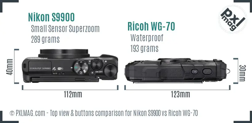 Nikon S9900 vs Ricoh WG-70 top view buttons comparison