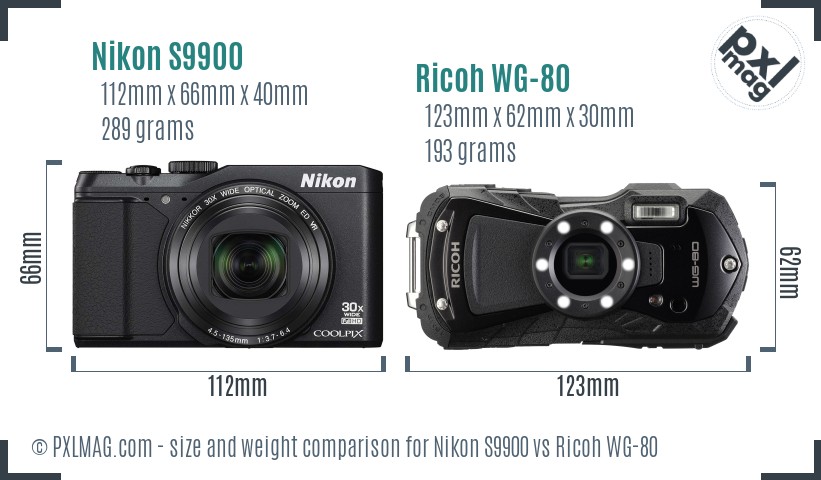 Nikon S9900 vs Ricoh WG-80 size comparison