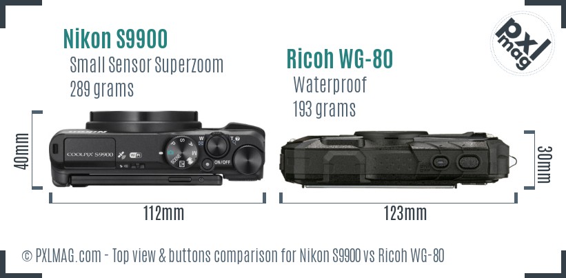 Nikon S9900 vs Ricoh WG-80 top view buttons comparison