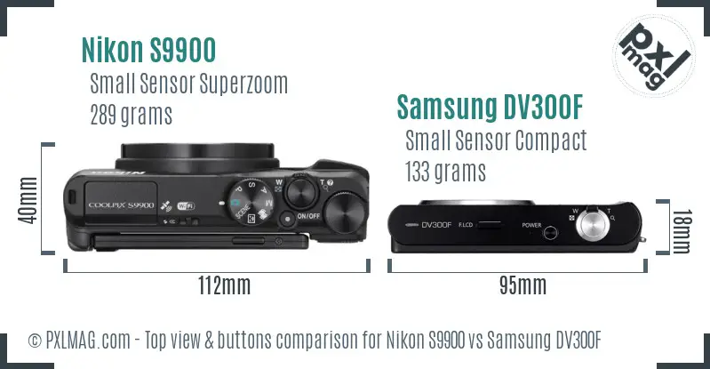 Nikon S9900 vs Samsung DV300F top view buttons comparison