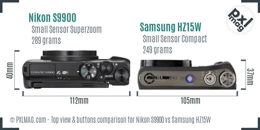 Nikon S9900 vs Samsung HZ15W top view buttons comparison Nikon S9900 vs Samsung HZ15W top view buttons comparison