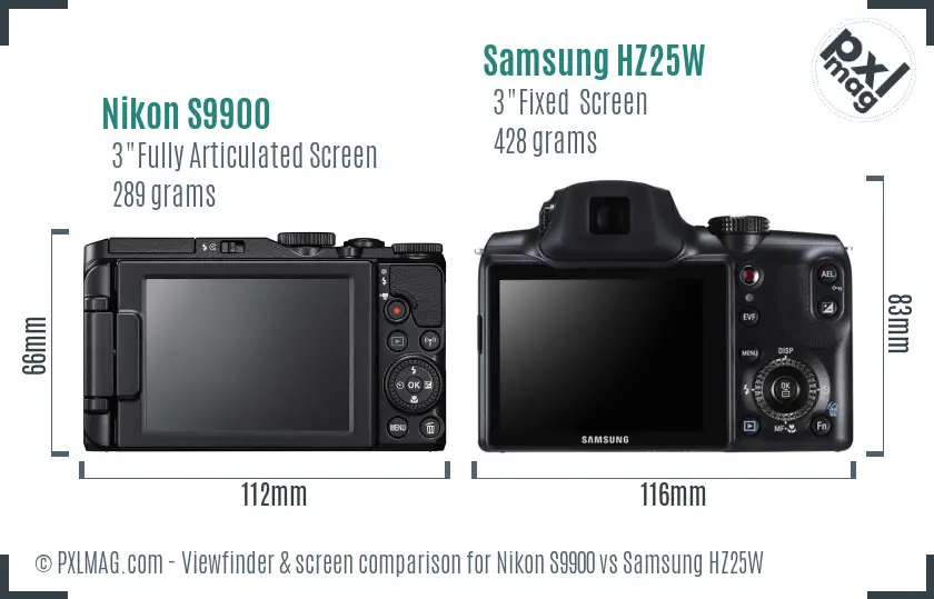 Nikon S9900 vs Samsung HZ25W Screen and Viewfinder comparison