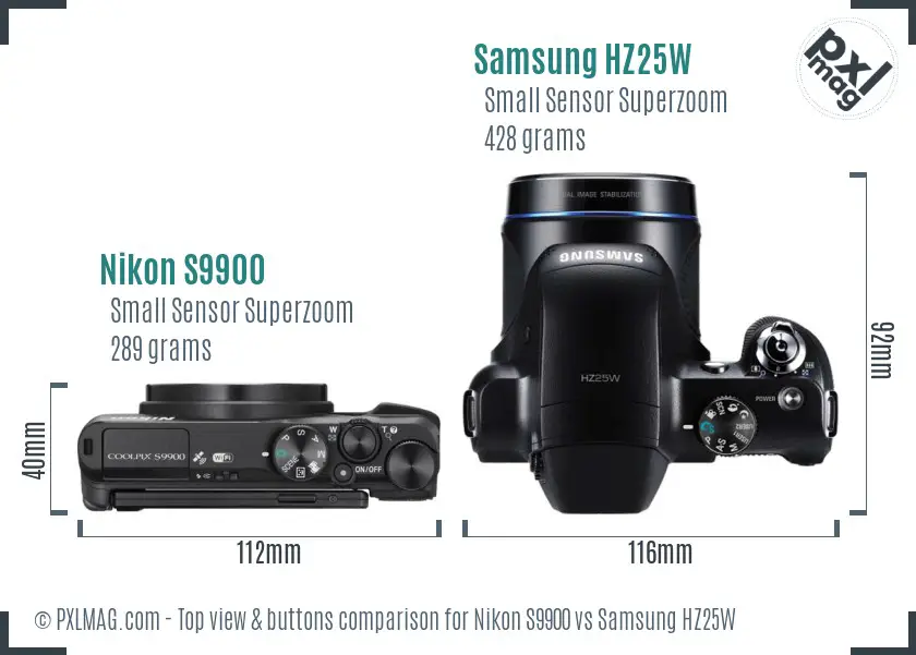 Nikon S9900 vs Samsung HZ25W top view buttons comparison