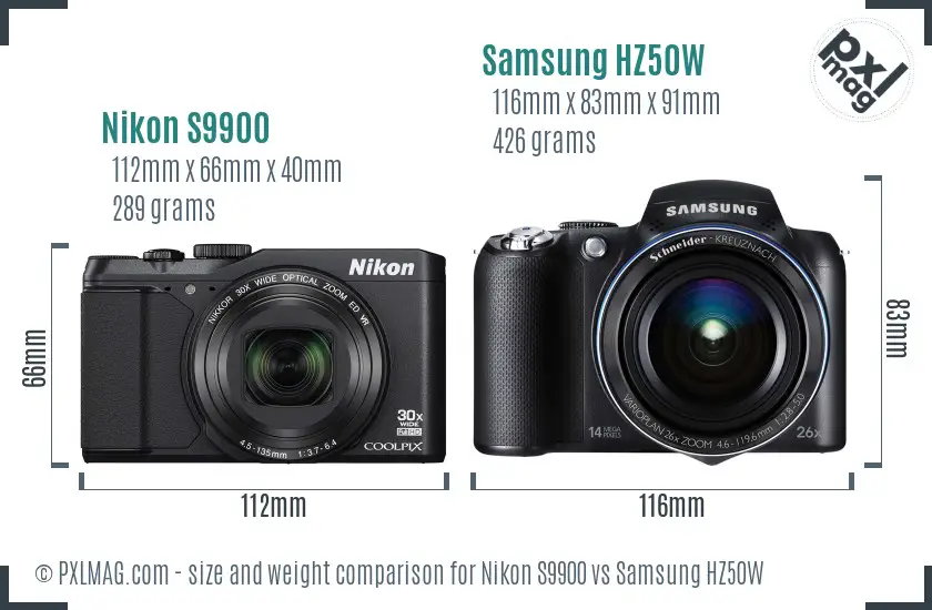 Nikon S9900 vs Samsung HZ50W size comparison