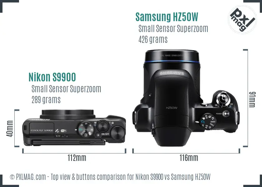 Nikon S9900 vs Samsung HZ50W top view buttons comparison