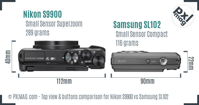 Nikon S9900 vs Samsung SL102 top view buttons comparison