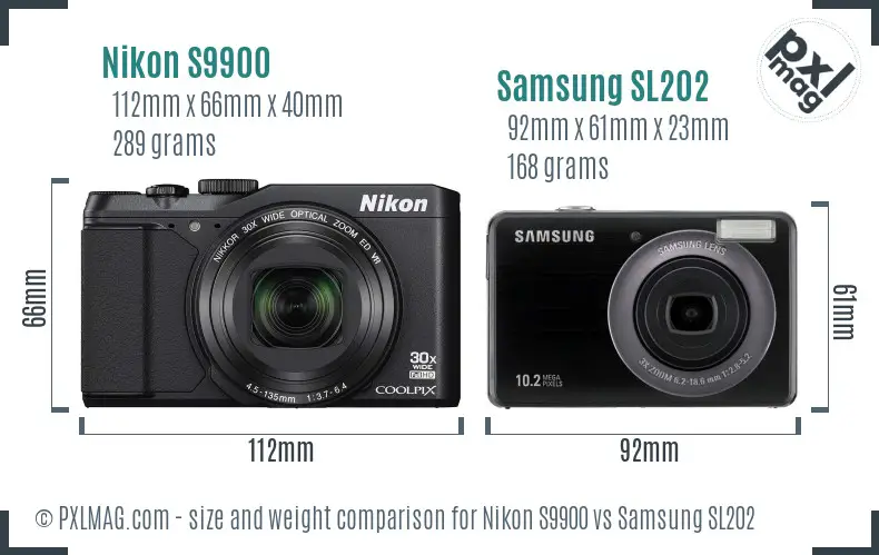 Nikon S9900 vs Samsung SL202 size comparison