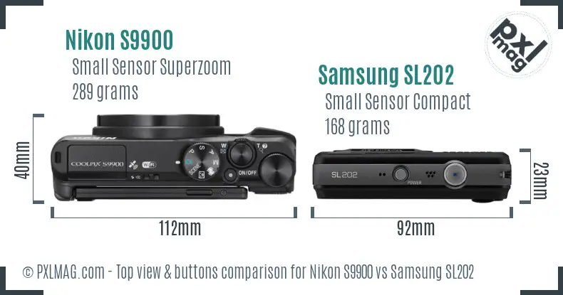 Nikon S9900 vs Samsung SL202 top view buttons comparison