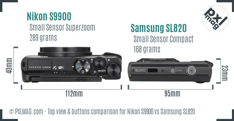 Nikon S9900 vs Samsung SL820 top view buttons comparison Nikon S9900 vs Samsung SL820 top view buttons comparison
