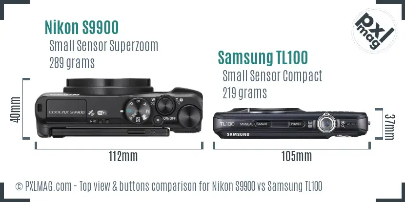 Nikon S9900 vs Samsung TL100 top view buttons comparison