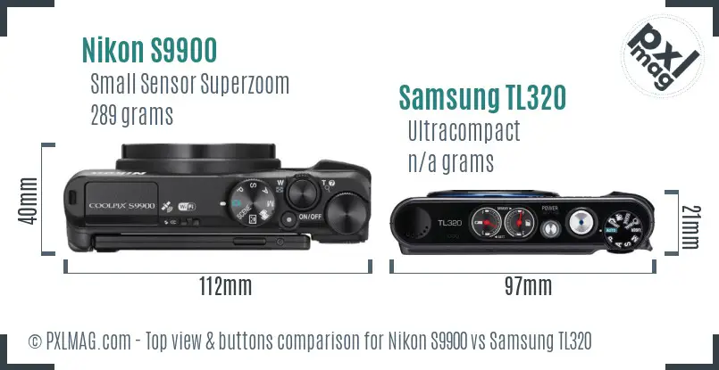 Nikon S9900 vs Samsung TL320 top view buttons comparison