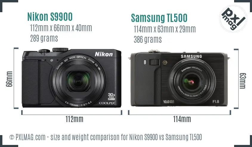 Nikon S9900 vs Samsung TL500 size comparison
